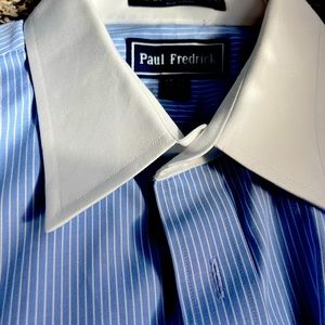 White cuff and collar, Blue pin stripe paul Fredrick dress shirt